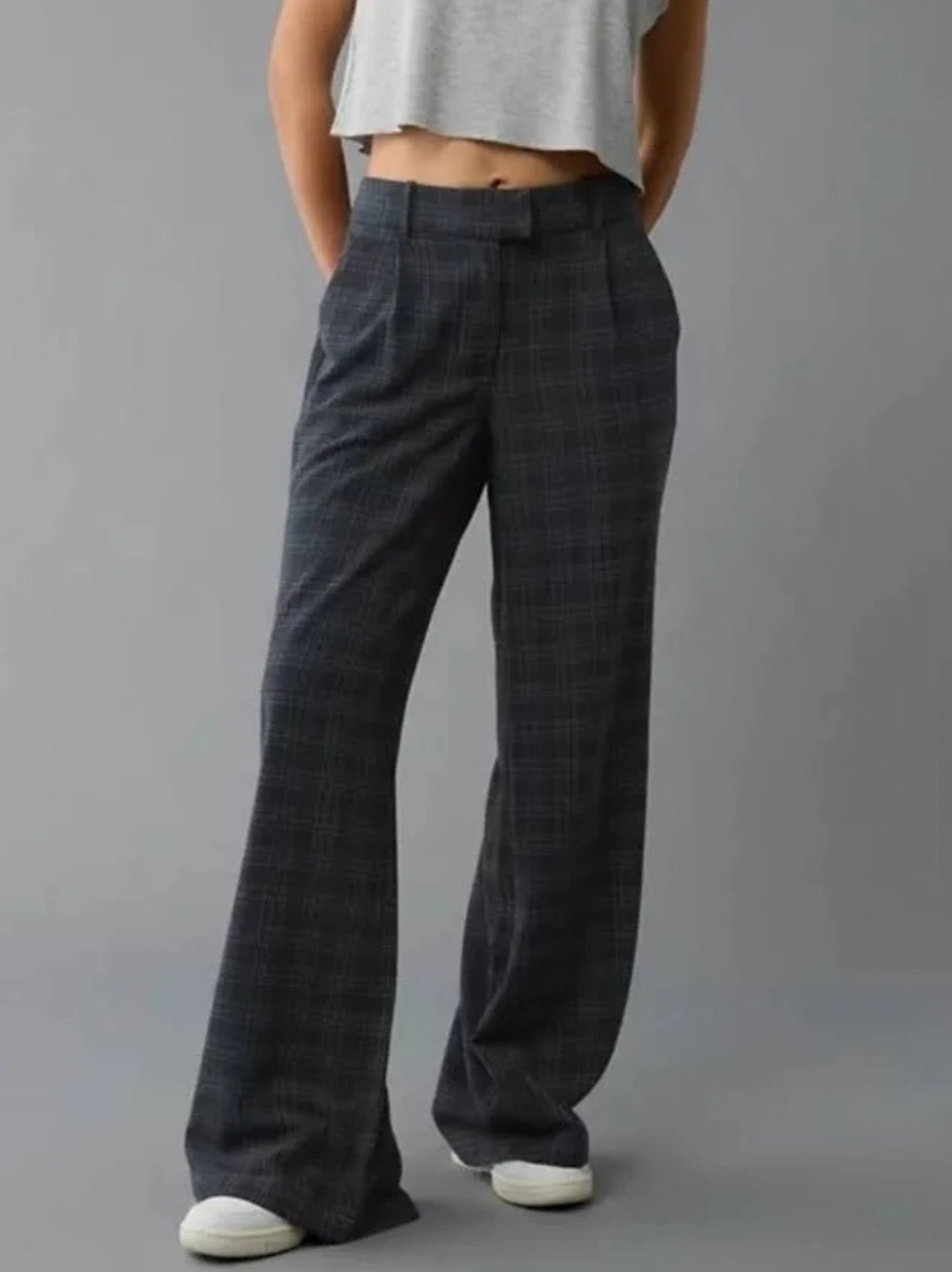American Eagle Stretch Poppy Wide Leg Plaid Trousers Pants Size 4